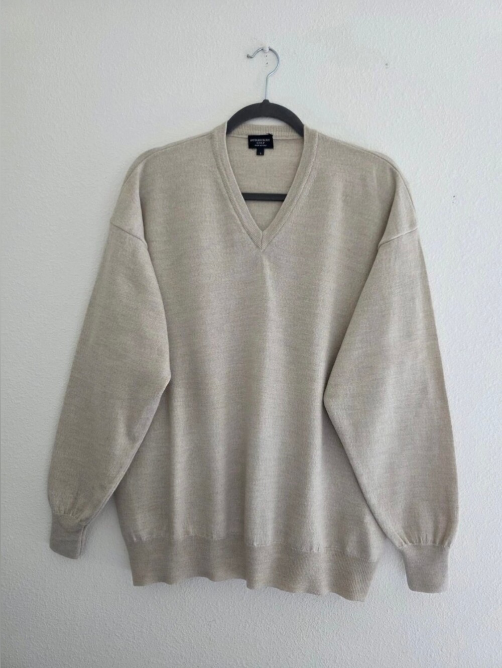 Burberry Golf 90s V-neck Pullover Sweater Oatmeal No Logo Very Tight Knit Sz L